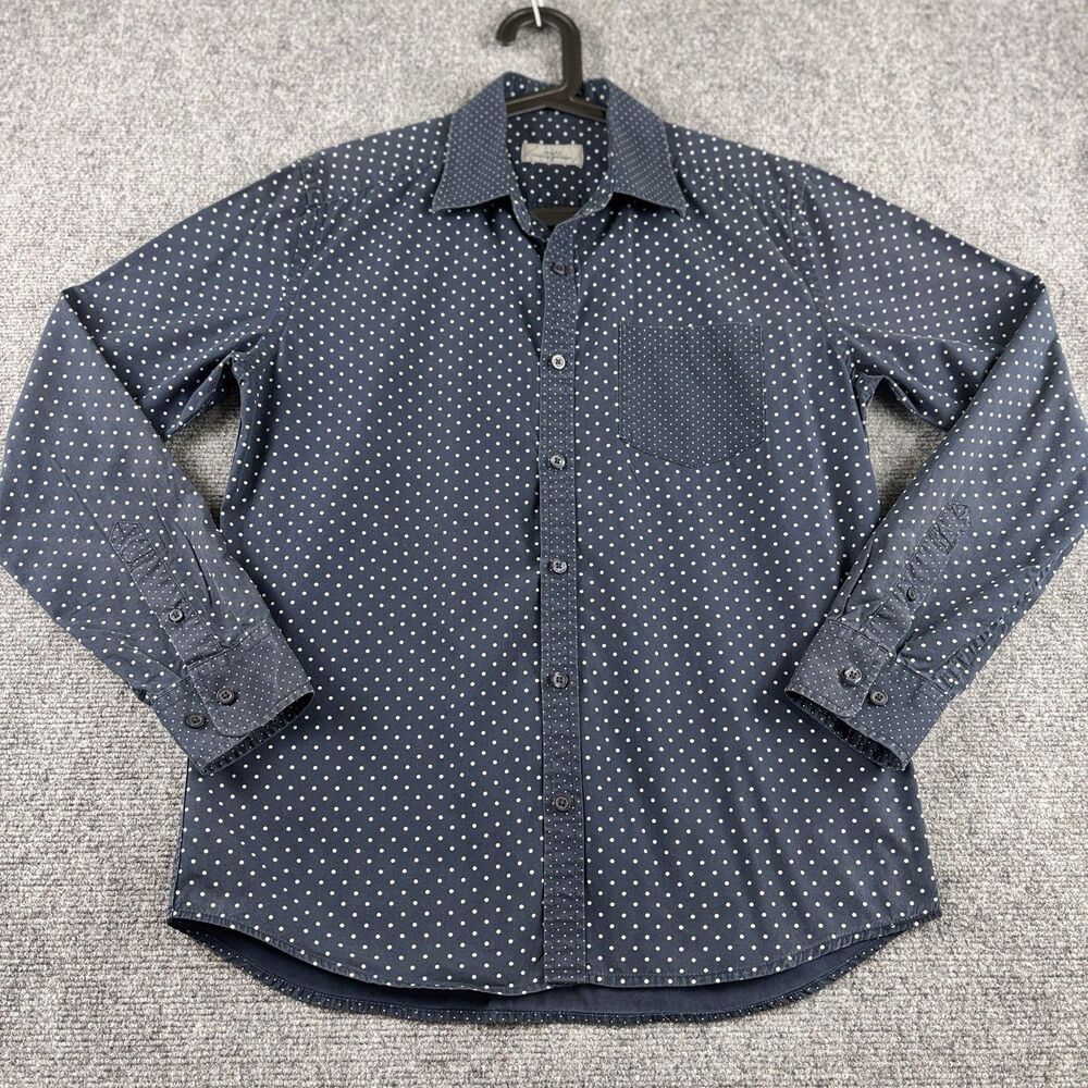 Asnas Mens M Shirt Navy Polka Dot Long Sleeve Pocket